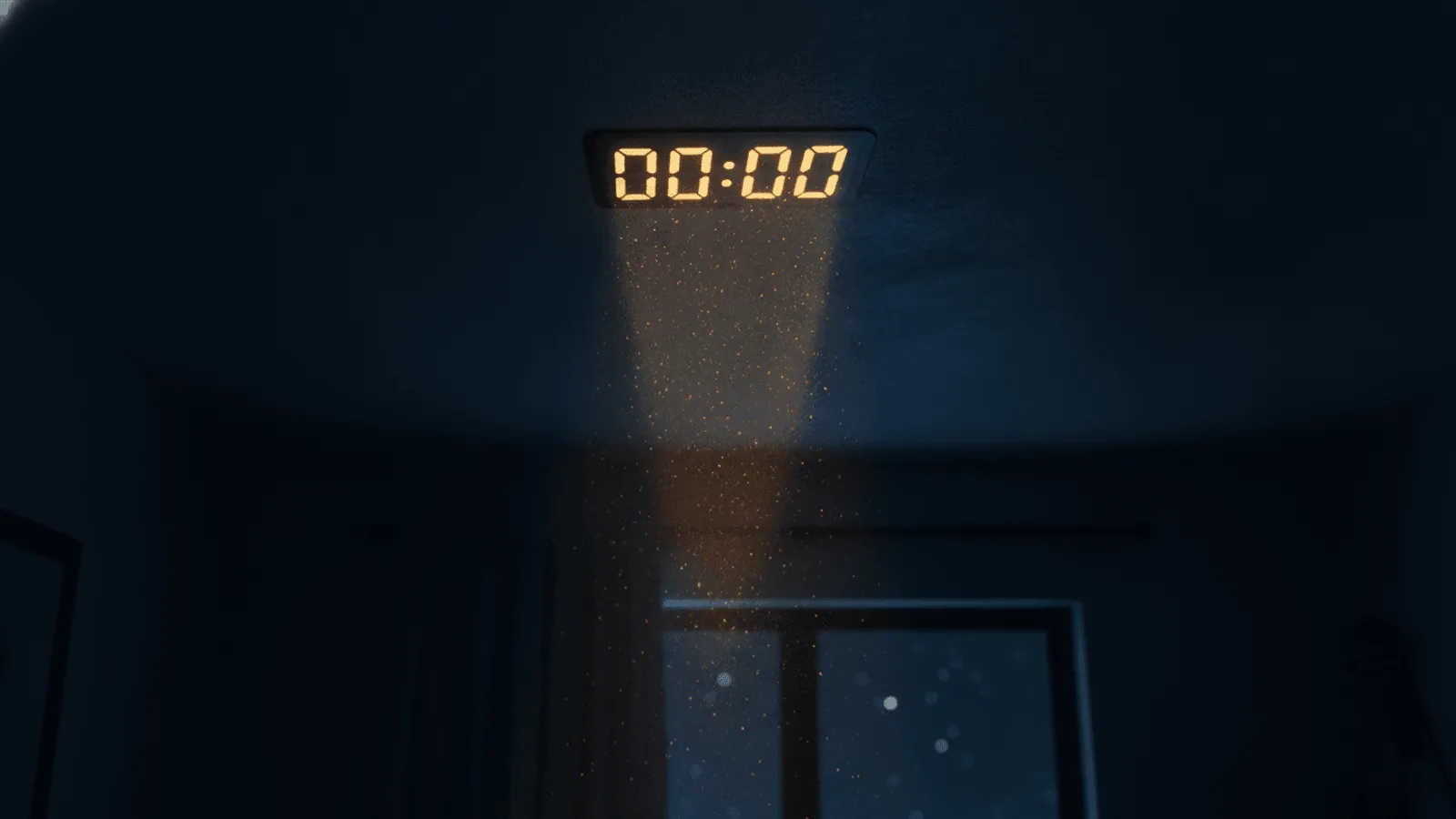Relogio digital sobre uma mesa escura marcando 00:00 no exato instante da virada da meia-noite, com uma luz fraca ao fundo