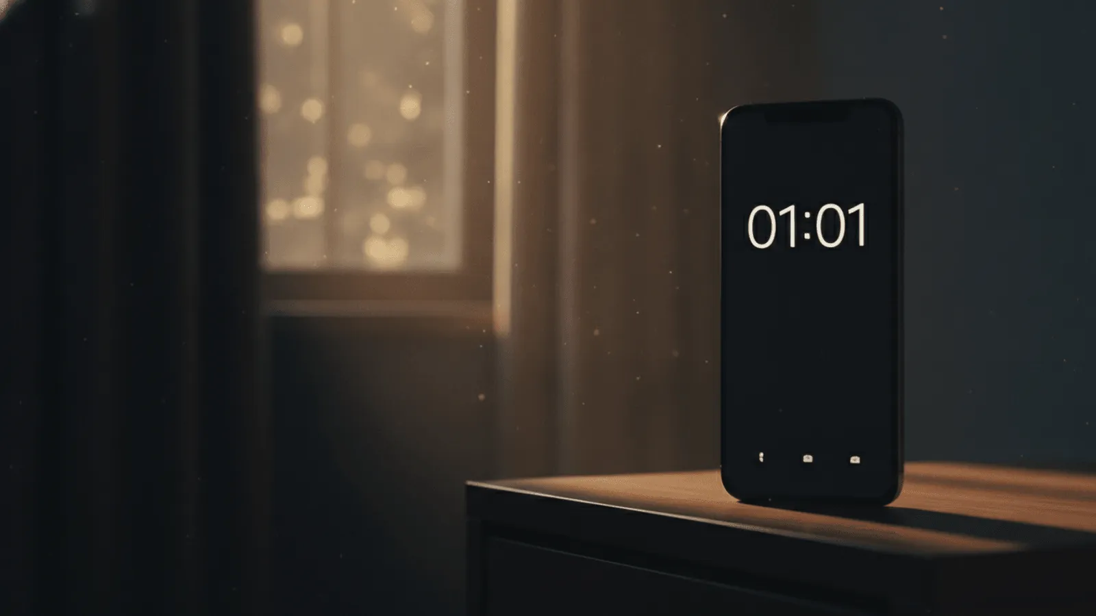 Relogio digital de cabeceira marcando 01:01 em numeros vermelhos, no escuro de um quarto silencioso de madrugada