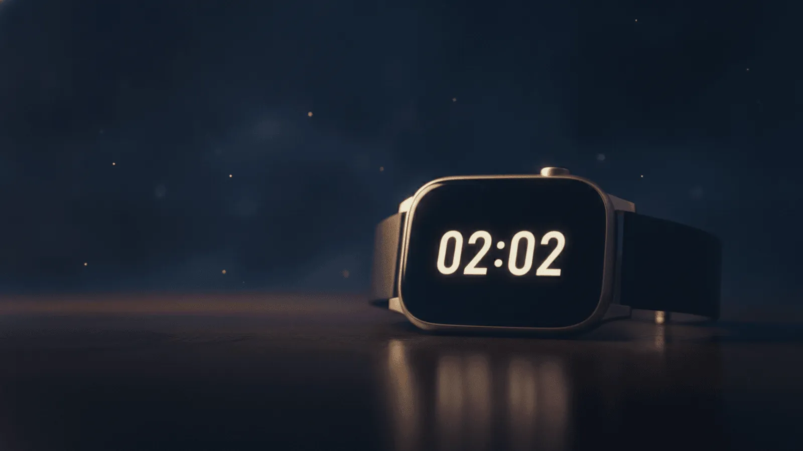 Relogio digital de cabeceira marcando 02:02 na penumbra de um quarto, com a luz do numero refletida na mesa