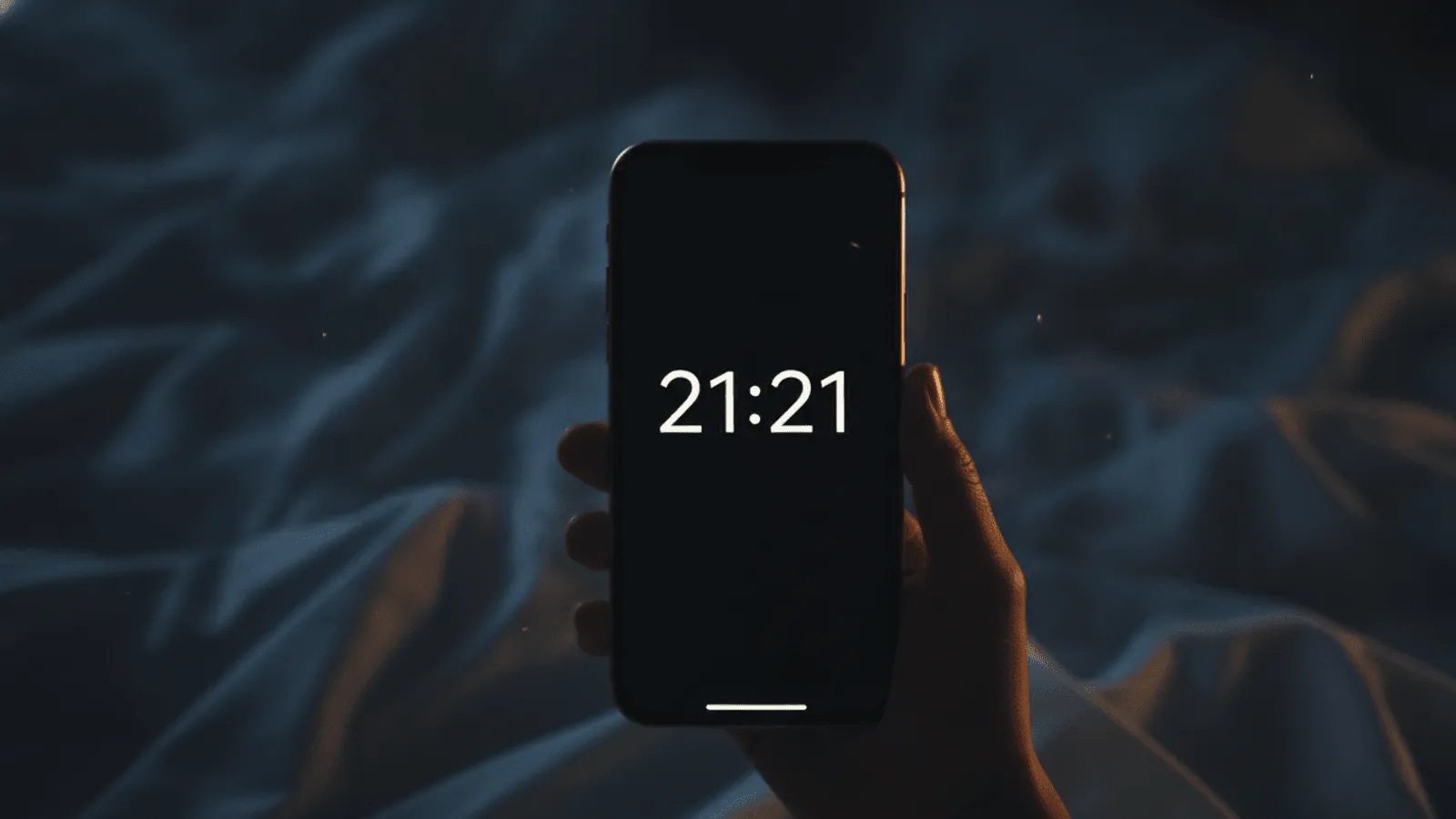 Relógio digital marcando 21:21 com luz dourada suave ao redor, cena serena e acolhedora
