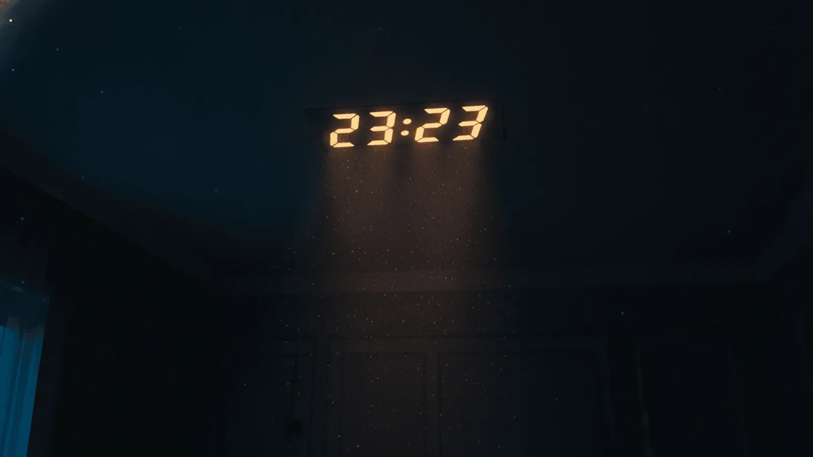 Relógio digital marcando 23:23 num quarto de luz baixa e serena, ambiente calmo de fim de noite