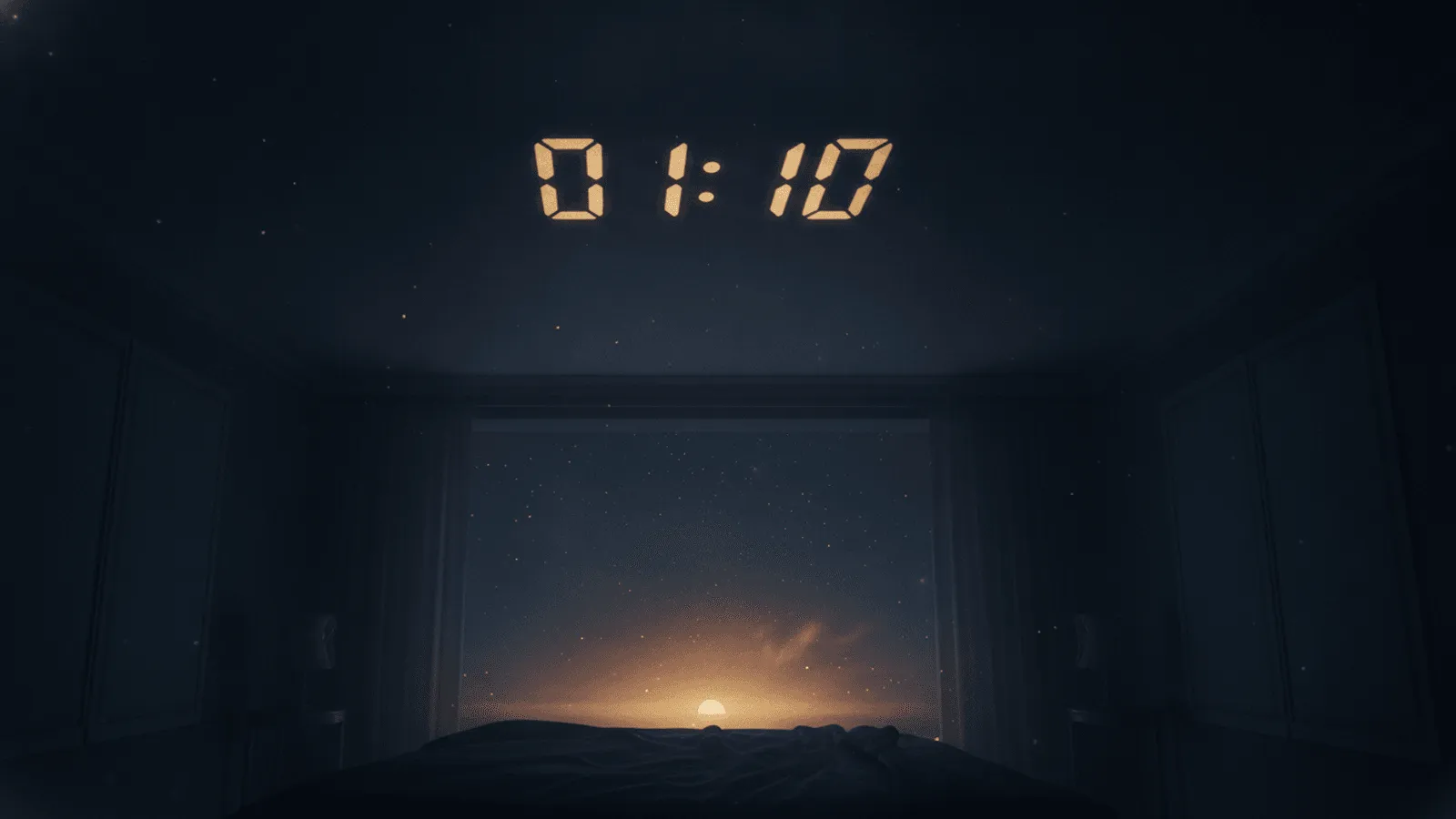 Relogio digital na mesa de cabeceira marcando 01:10 na penumbra de um quarto, com a luz fraca do abajur ao lado