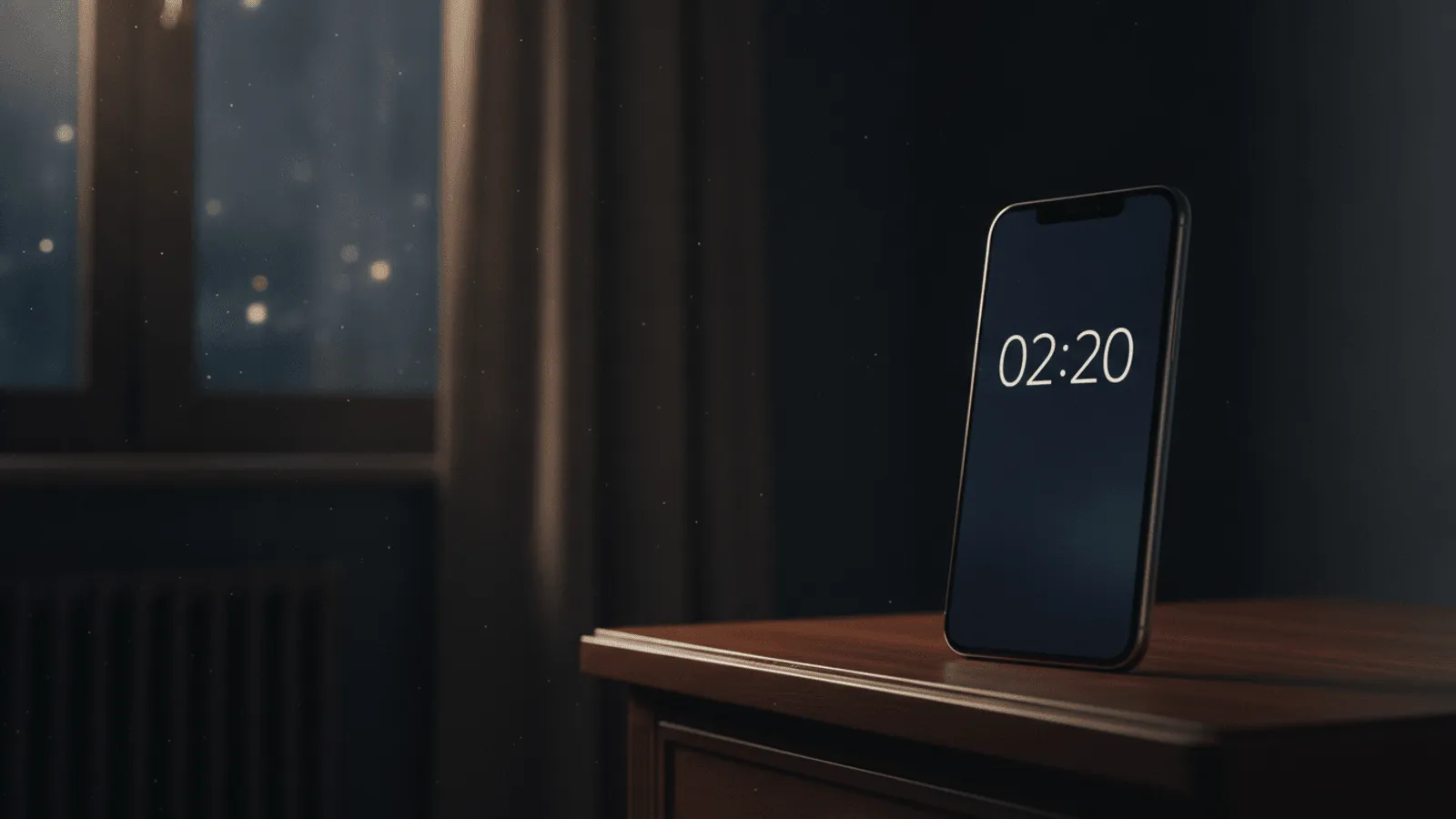 Relogio digital de cabeceira marcando 02:20 num quarto escuro, com um leve reflexo dos numeros no vidro da mesa