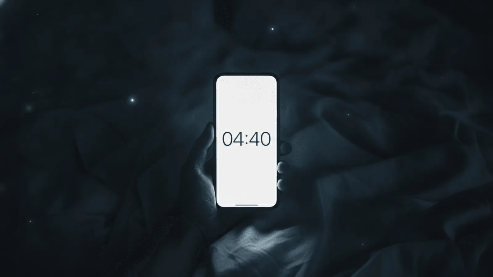 Relogio digital de cabeceira marcando 04:40 no escuro de um quarto, com a luz azulada do visor iluminando o criado-mudo