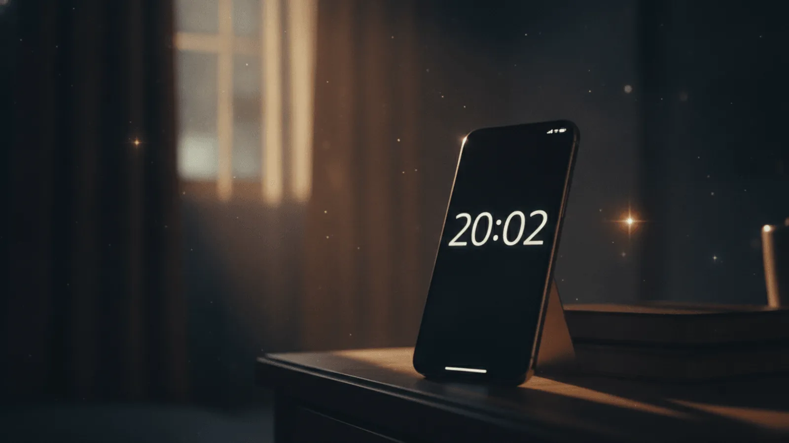 Relógio digital sobre a mesa marcando 20:02 na luz suave do fim de tarde, cena serena e acolhedora