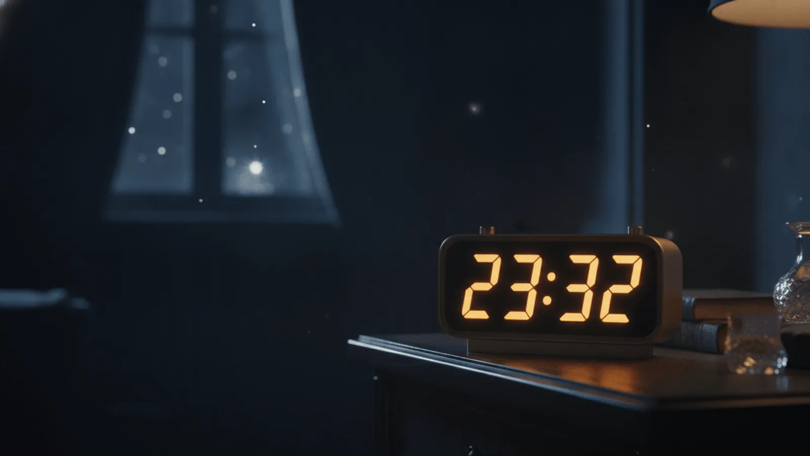 Relógio digital marcando 23:32 em luz suave sobre uma mesa serena, ambiente calmo de fim de noite